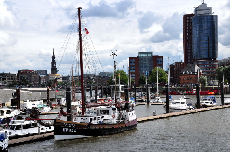river, rainy day, mode of transportation, water, Hamburg, boot, day, port, tower, nautical vessel, skyscraper, elbe philharmonic hall, Landungsbrücken
