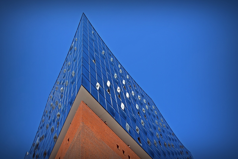 sky, no people, hamburg, concert hall, harbour city, blue, 5K, architecture, landmark, glass - material, built structure, industry, building, modern, office building exterior