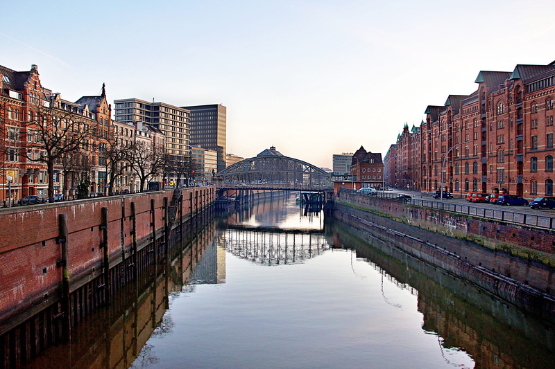 city, nature, sky, hamburg, channel, bridge - man made structure, building exterior, bridge, waterfront, clear sky, architecture, world heritage, water