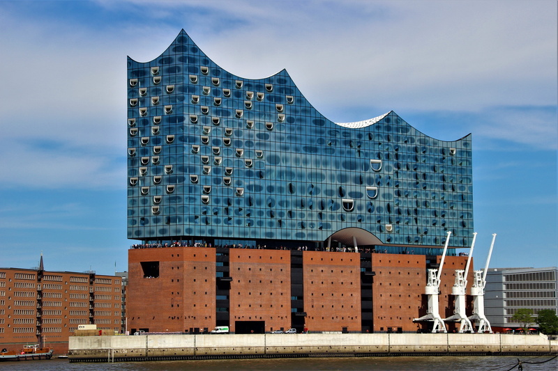 places of interest, cloud - sky, low angle view, glass facade, waters, architecture, facade, blue, office building exterior, window, hamburg, 5K, water