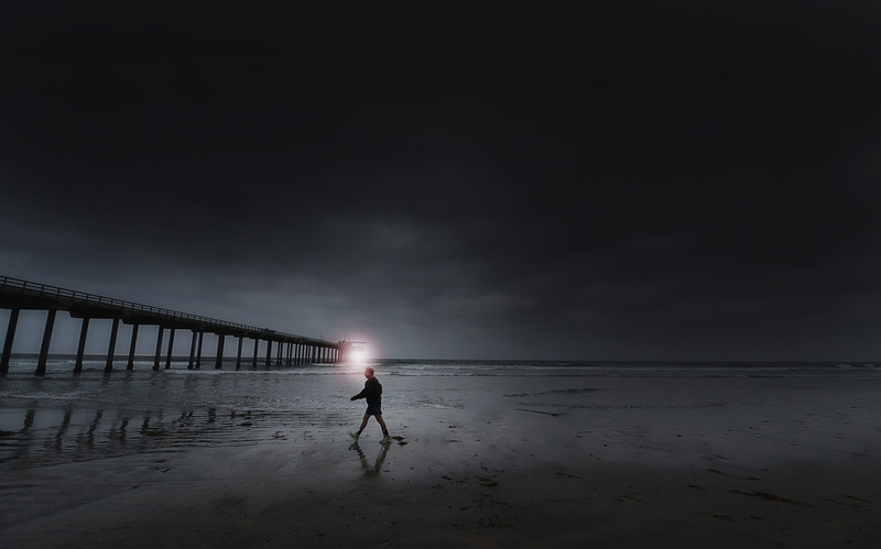 cloud - sky, outdoors, horizon over water, leisure activity, beach, moody, scenics - nature, sea, land, nature, sad, walking, 4K, sand, night, beauty in nature