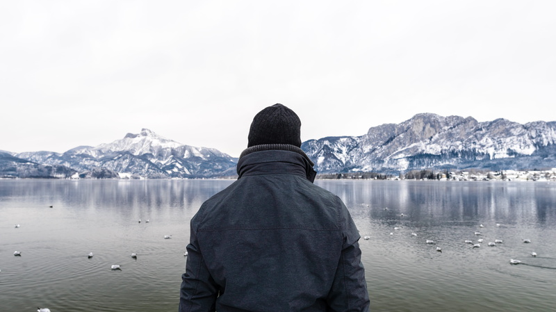 back view, wear, environment, scenics - nature, one person, nature, body of water, cold temperature, black, ice, season, reflection, frozen, frost, body