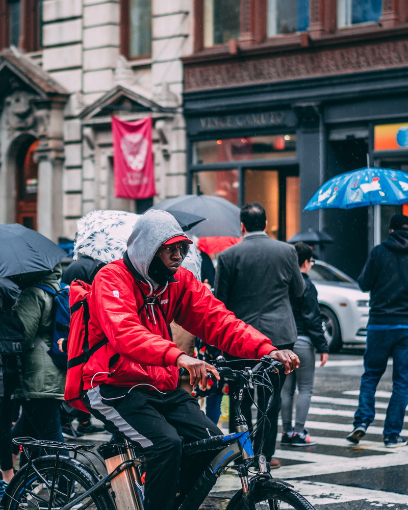architecture, group of people, rainy, street, ny, lifestyles, biker, umbrella, bike, delivery, upset, outdoors, raining, new york city, 1080P, transportation
