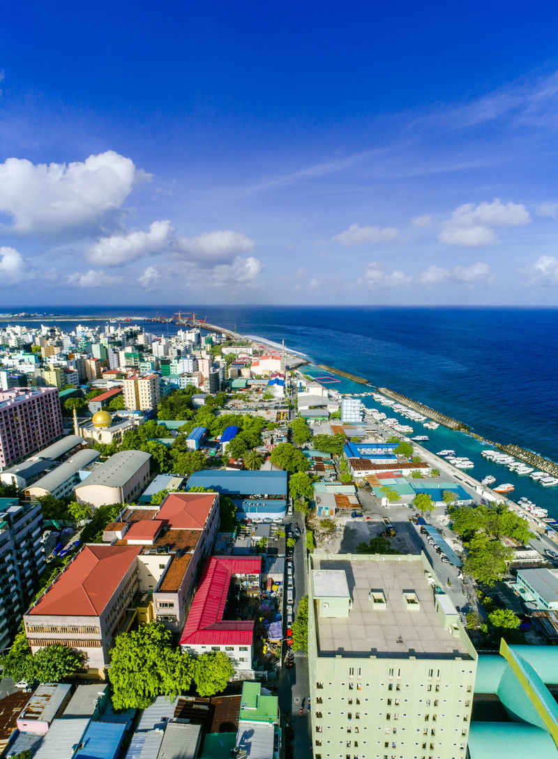skyscraper, hotels, trees, sky, water, architecture, offices, outdoors, concrete, view, aerial, birds eye view, 5K, horizon, sea, cityscape, horizon over water