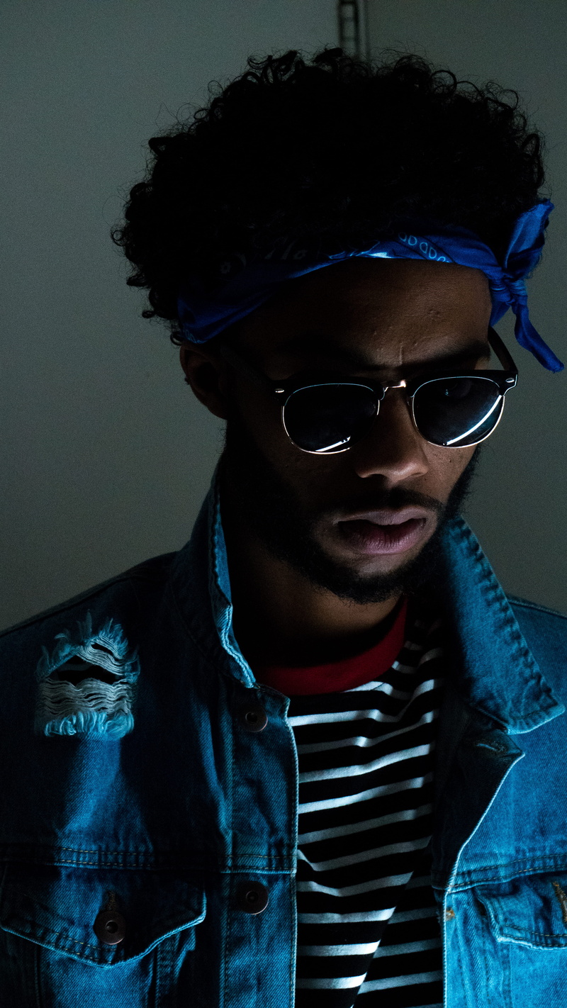jacket, denim, studio Shot, confidence, beard, male Beauty, fashionable, sunglasses, close-up, profile, fashion, vibe, adult, youth Culture, dark, caucasian Ethnicity