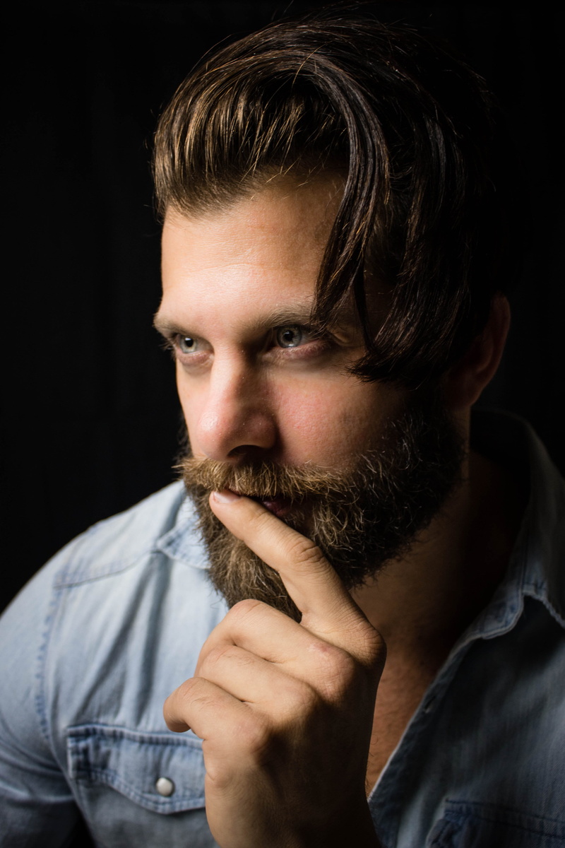 close, denim, indoors, front view, man, shirt, men, sports, black background, hairstyle, selfie, wearing, headshot, index, contemplation, beautiful people
