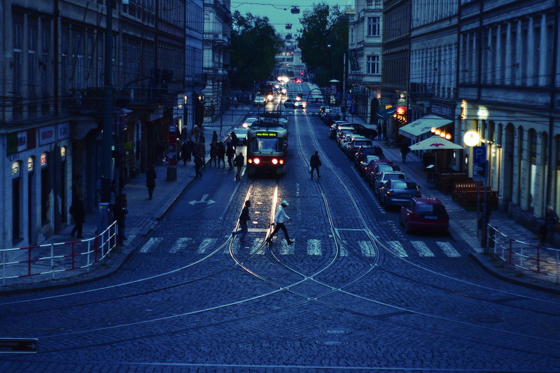 incidental people, road, transportation, real people, night, city street, tarmac, car, czechia, illuminated, land vehicle, walking, alley, city, person