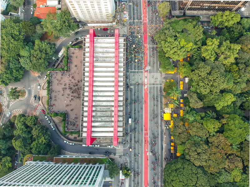 landscape, são paulo, land vehicle, day, town, street, people, cityscape, aerla, tree, intersection, aerial view, city, urban, nature, green color, red line