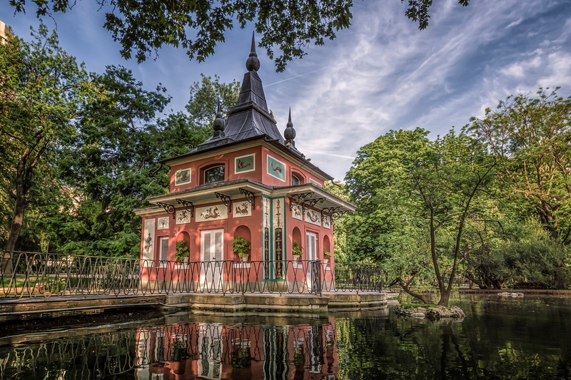 pond, house, Retiro Park, 1080P, clouds, greens, the sun, Madrid, trees, the sky, Park, Spain