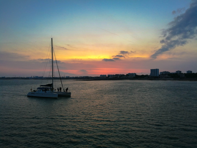 sunset, tranquility, transportation, colors, waterfront, pole, outdoors, france, boat, sailing, sky, sailboat, beauty in nature, sea, mode of transportation
