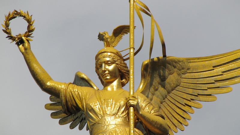 no people, ornate, capital, gold else, germany, belief, siegessäule, sky, gold, angel, creativity, low angle view, art and craft, gold colored, human representation