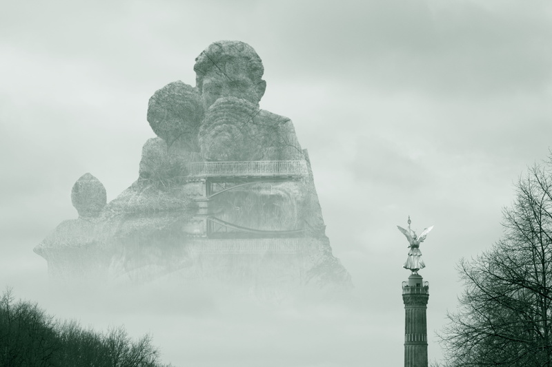 tree, design, outdoors, history, mist, berlin, sky, sculpture, bridge, momunent, victory column, faded, park, cultures, monument, cloud - Sky, art, siegessäule