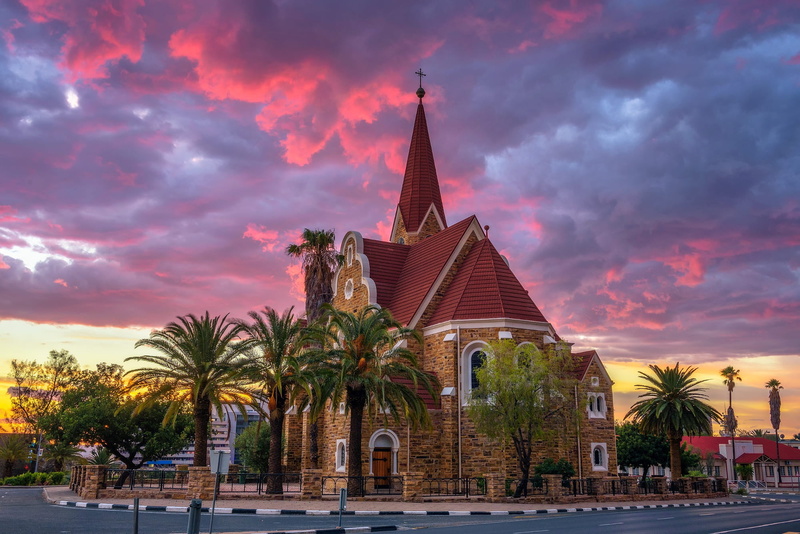 the evening, sunset, capital, architecture, 1080P, Namibia, Windhoek, road, Church, palm trees, the city, clouds
