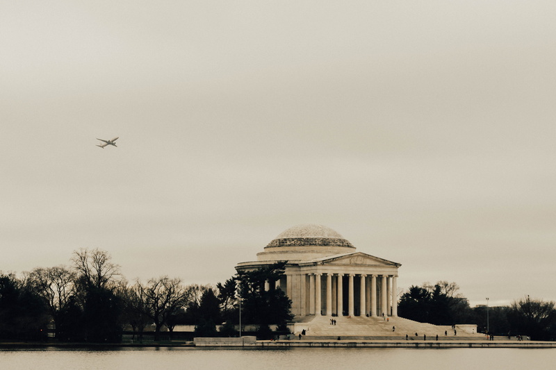washington dc, dome, transportation, tidal basin, architectural column, built structure, plane, building exterior, air vehicle, clear sky, sky, 5K, travel destinations