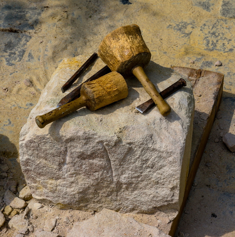 wood - material, equipment, tool, metal, no people, chisel, close-up, high angle view, rock, craft, 2K, stone, work tool, wall - building feature, steinmetz