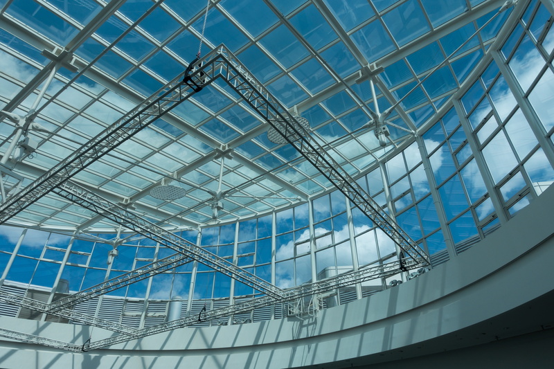 glass - material, sky, technology, dome, pattern, 5K, built structure, indoors, blue, skylight, no people, day, fair, low angle view, transparent, modern