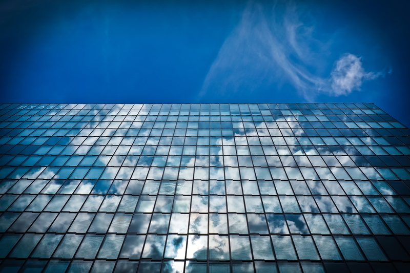 clouds, blue, high, digital composite, 4K, modern, office building exterior, glass front, low angle shot, glass facades, sky, built Structure, glass, mirroring