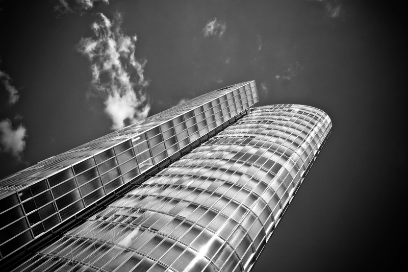 skyline, office building, modern architecture, white, sky, cloud - sky, city, digital composite, black and white, close-up, outdoors, business, mirroring