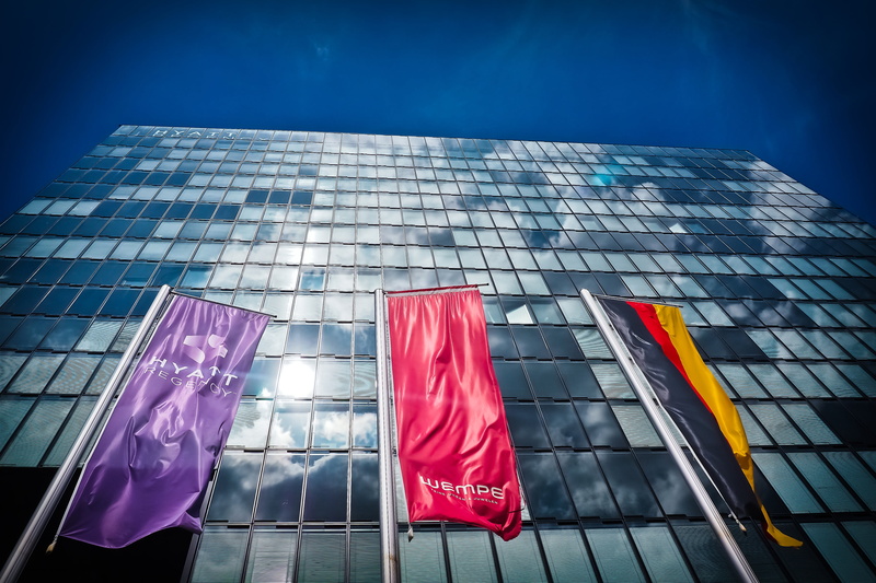 building exterior, media harbour, low angle shot, environment, facade, blue, city, flag, modern, red, düsseldorf, no people, patriotism, 4K, glazing, outdoors