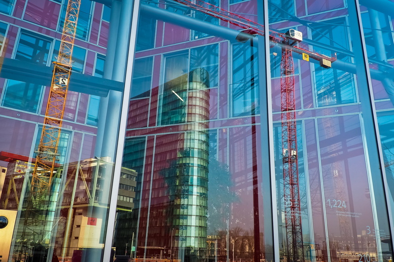 4K, office building exterior, reflection, blue, glass, city, financial district, building, media harbour, Modern, no people, building exterior, day, Facade