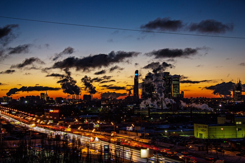 factory, sunset, architecture, building exterior, cloud - sky, dark blue sky, orange color, fuel and power generation, moscow, window, early, high angle view