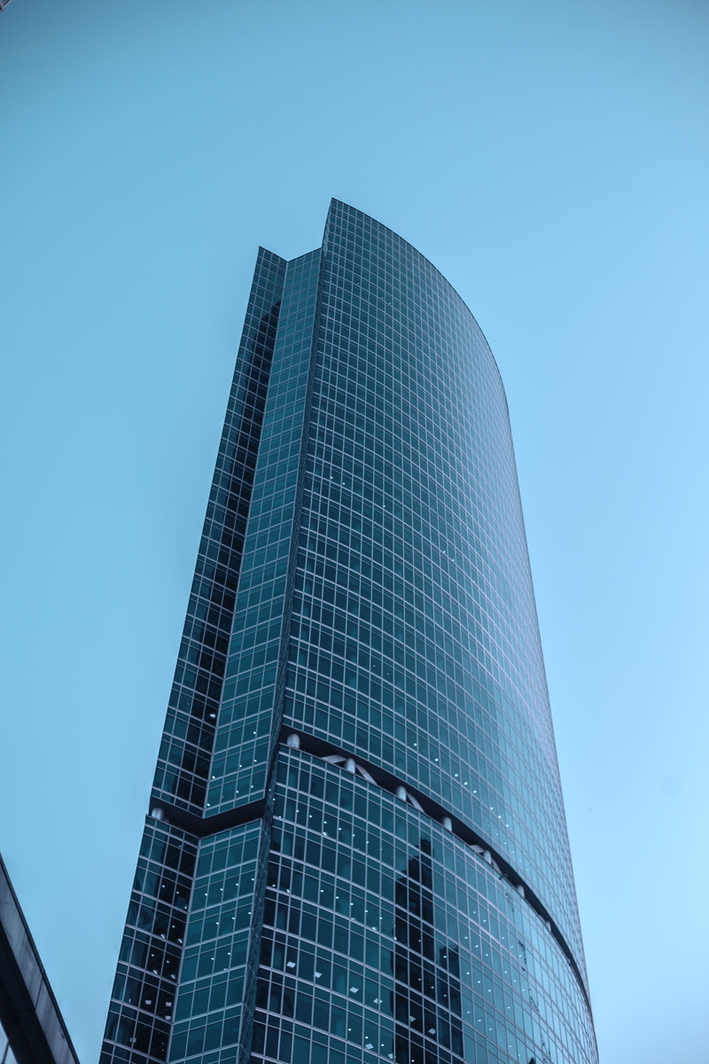 black, modern, russia, blue, 2017, business, building exterior, office building exterior, day, skyscraper, financial district, tall - high, tower, blue sky