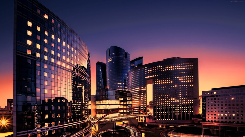 financial district, nature, Paris, dusk, building exterior, 4K, outdoors, building, urban skyline, travel destinations, built structure, night, La Defense Paris