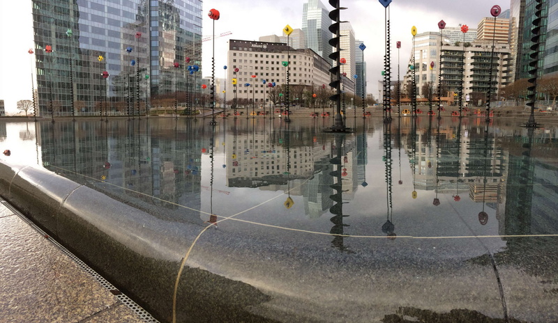 reflection, rain, day, outdoors, glass - material, rainy season, building exterior, art, modern, no people, wet, skyscraper, la defense, architecture, building
