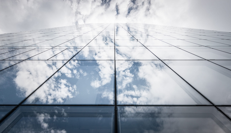 directly below, sky, paris, glass - material, office building exterior, city, la défense, tower, tall - high, clouds, reflection, built structure, la defense