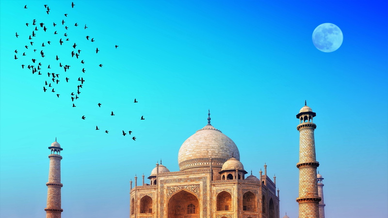 4K, asia, tower, dome, building, tourism, full moon, sky, india, castle, taj mahal, moon, historic site, tourist attraction, mausoleum, monument, landmark