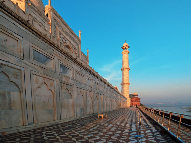 the past, architecture, built structure, sky, walkway, history, blue, bridge, travel destinations, taj, india, path, taj mahal, no people, building, flagstone
