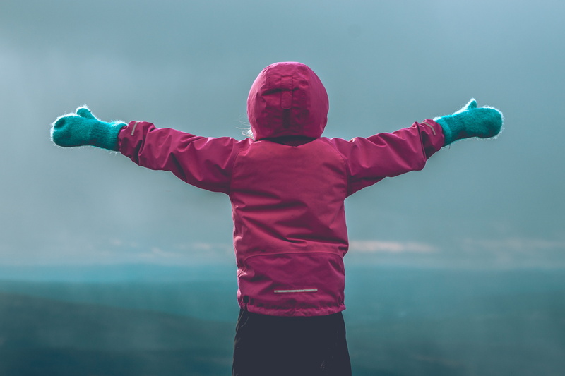 hood, girl, winter, mountain, outdoor, hiking, waist up, sea, arms spread, pink, arms raised, person, view, human arm, human limb, norway, arms outstretched