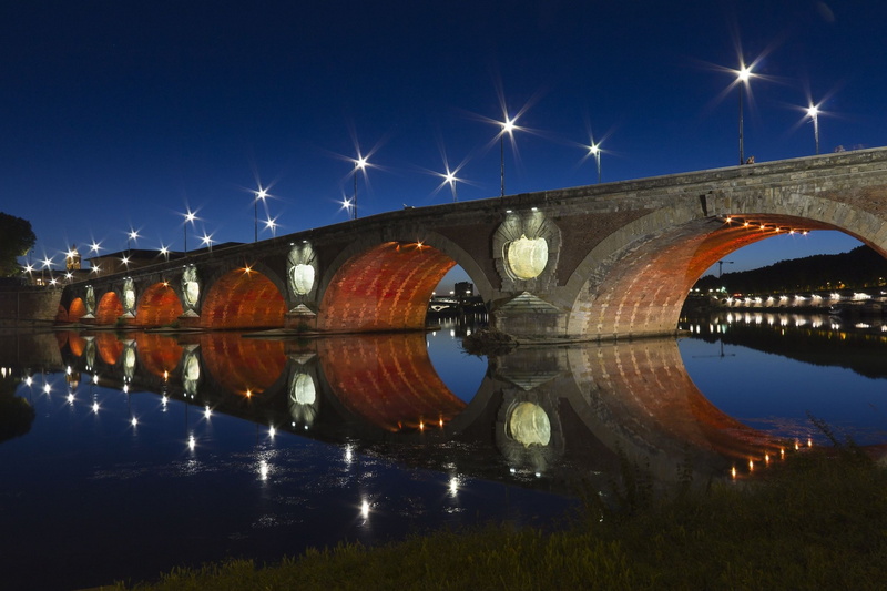 arch bridge, bridge, standing water, symmetry, nature, 1080P, toulouse pont neuf garonne france, connection, sky, no people, night, architecture, illuminated
