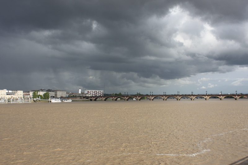 building, city, 4K, no people, sand, beach, Garonne, Bridge, sea, architecture, climate, built structure, Bordeaux, storm, overcast, water, nature, scenics - nature