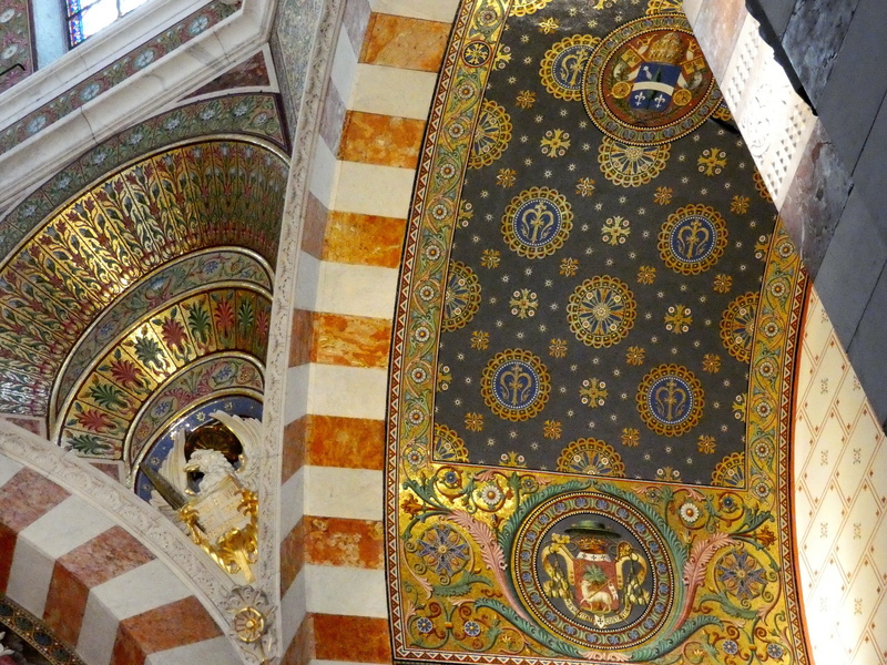 vaults, architecture and art, design, ceiling, mural, built structure, flooring, art and craft, wall - building feature, multi colored, arcs, indoors, notre-dame-de-la-garde
