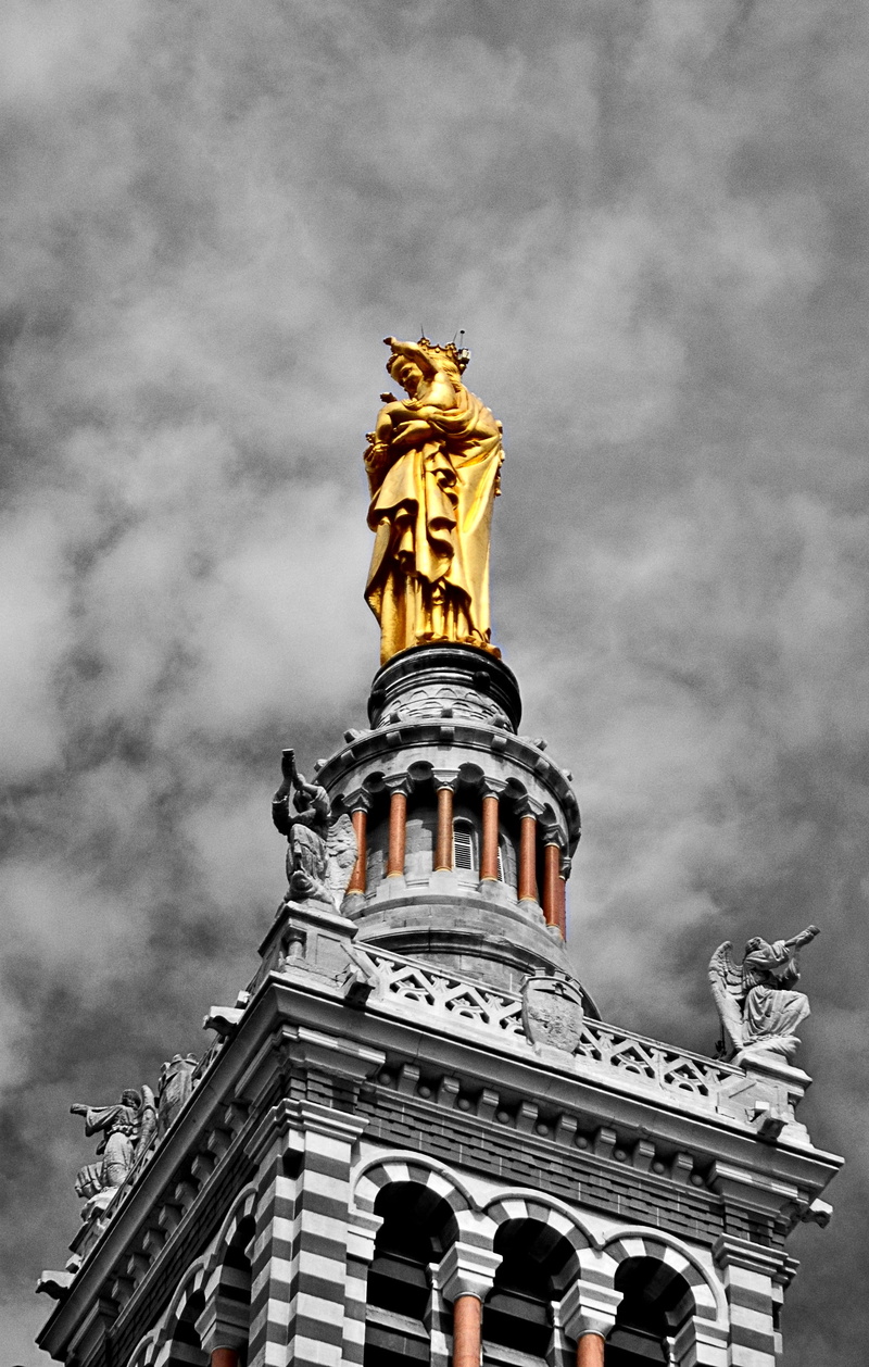 city, sculpture, religious monuments, ornate, place of worship, building exterior, spire, no people, good sea, provence, marseille, 2K, cloud - sky, statue