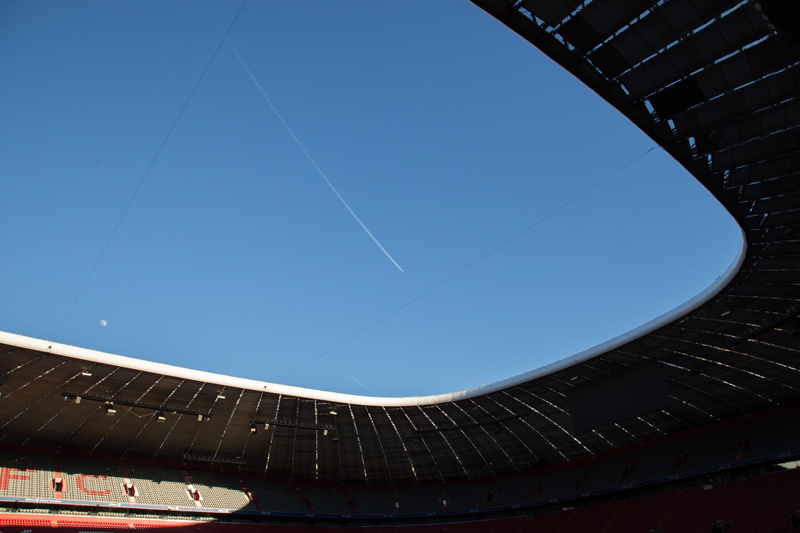 day, empty, sport, arena, nature, clear sky, scoreboard, sky, building, city, vapor trail, bullring, blue, solar panels, 5K, baseball, high rise, architecture