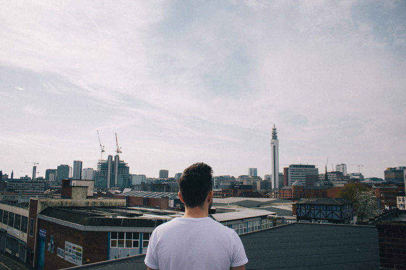 skyscraper, centre, looking at view, united kingdom, nature, hairstyle, adult, building, standing, jewellery quarter, rear view, waist up, handsome young man