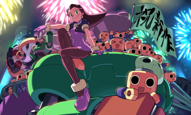 eyes, white, servbot, teisel, kobun, mecha, niku, capcom, bon, gloves, armor, green, red, kin, fireworks, tron, rockman, bonne, brown, hair, 720P