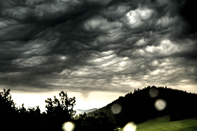 overcast, low angle view, ominous, dramatic sky, countryside, architecture, tree, storm cloud, sky clouds, beauty in nature, hills, 5K, mammatocumulus