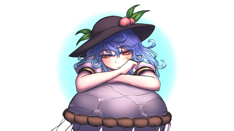 blue hair, ropes, 1080P, long hair, Hinanawi Tenshi, Touhou, red eyes, hat, stones, peaches