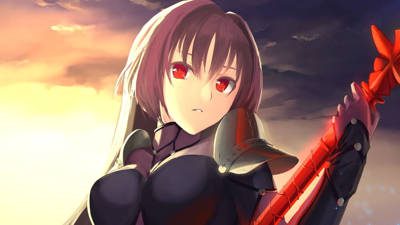 girls, order, spear, gloves, mouth, armor, lancer, 1080P, fate, red, series, solo, eyes, sunset, hair, bangs, brunette, long hair, weapon, fate grand order