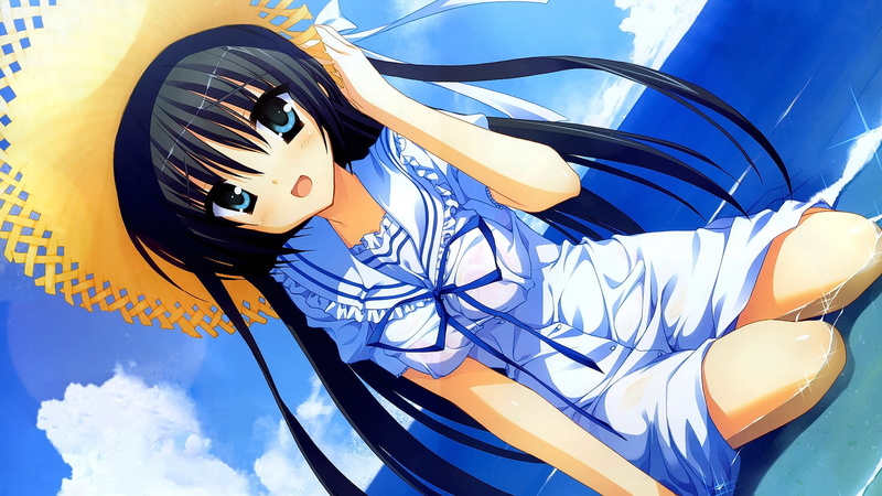 indoors, yellow, art and craft, cloud - sky, anime girls, day, nature, blue, clouds, 1080P, Natsuzora Kanata, smiling, low angle view, pattern, looking at viewer