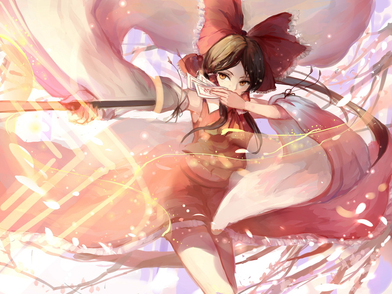ofuda, leaves, hair, eyes, touhou, brown, reimu, hakurei, bow, 4K, long, orange, ponytail, navel, miko, clothes, japanese, sishenfan