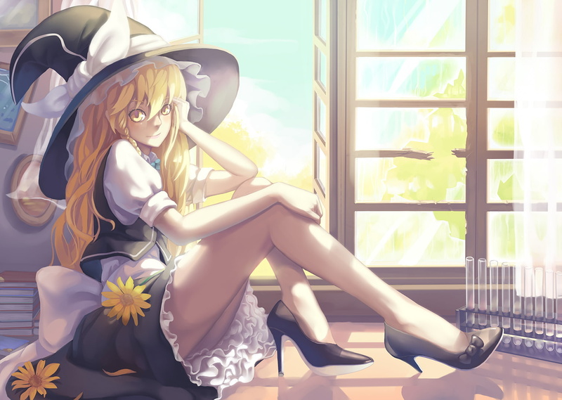 long, hat, hair, touhou, petals, yellow, bow, madyy, flowers, marisa, 720P, dress, kirisame, blonde, eyes