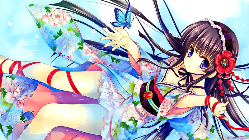 brunette, kimono, anime girls, anime, hair ornament, butterfly, Japanese clothes, sitting, long hair, 1080P