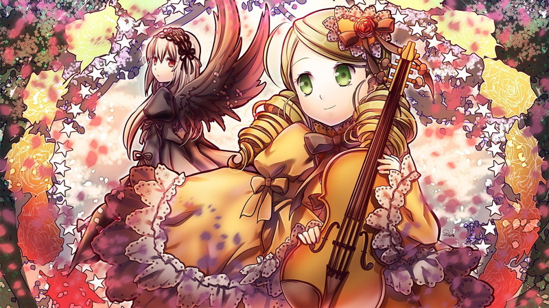 1080P, girls, rozen, hair, kanaria, ornaments, curly, lolita, gray, long, violins, suigintou, eyes, flowers, red, blondes, green, fashion, anime, head