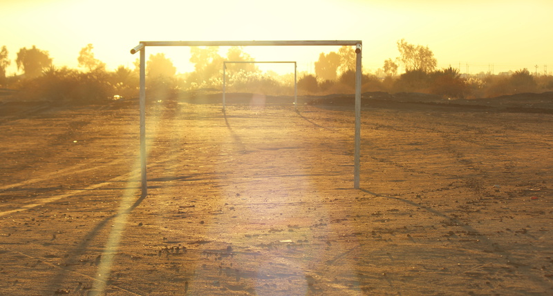 tree, frames, sports equipment, absence, soccer, sunlight, sky, plant, grass, nature, playing field, goal post, outdoors, net, 5K, soccer field, sunset