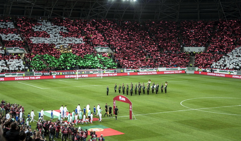 soccer team, crowd, green color, goal post, soccer, hungary, floodlit, audience, match - sport, playing field, spectator, football, group of people, real people