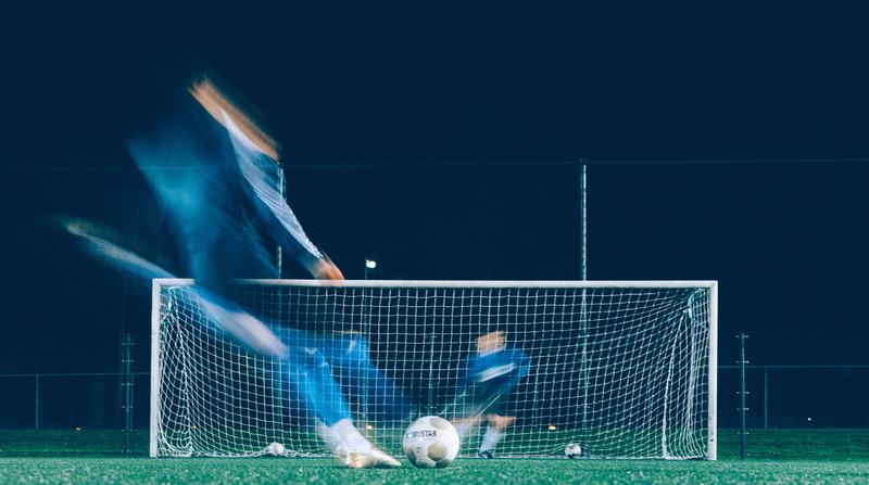 athlete, effort, motion, 5K, sport, soccer, soccer player, ball, taking a shot - sport, human limb, goal post, player, night, football, soccer goal, grass